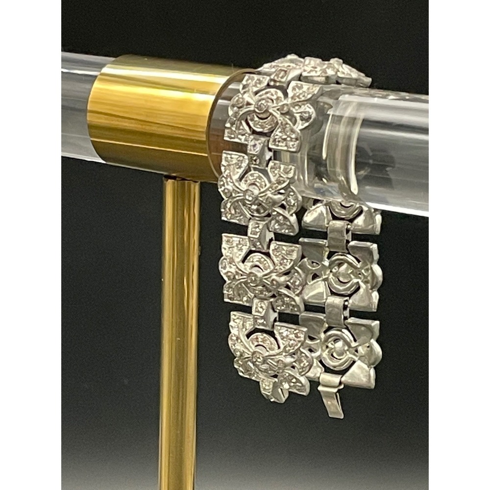 Vintage Art Deco Rhinestone Link Bracelet Silver Tone Geometric‎ Paste Bracelet